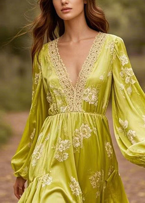 Women Yellow Green V Neck Print Patchwork Silk Mid Dresses Spring