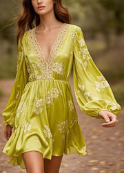 Women Yellow Green V Neck Print Patchwork Silk Mid Dresses Spring