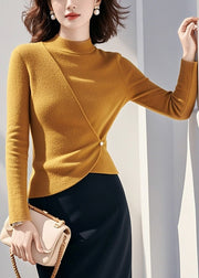 Women Yellow Half High Neck Asymmetrical Knit Sweaters Spring