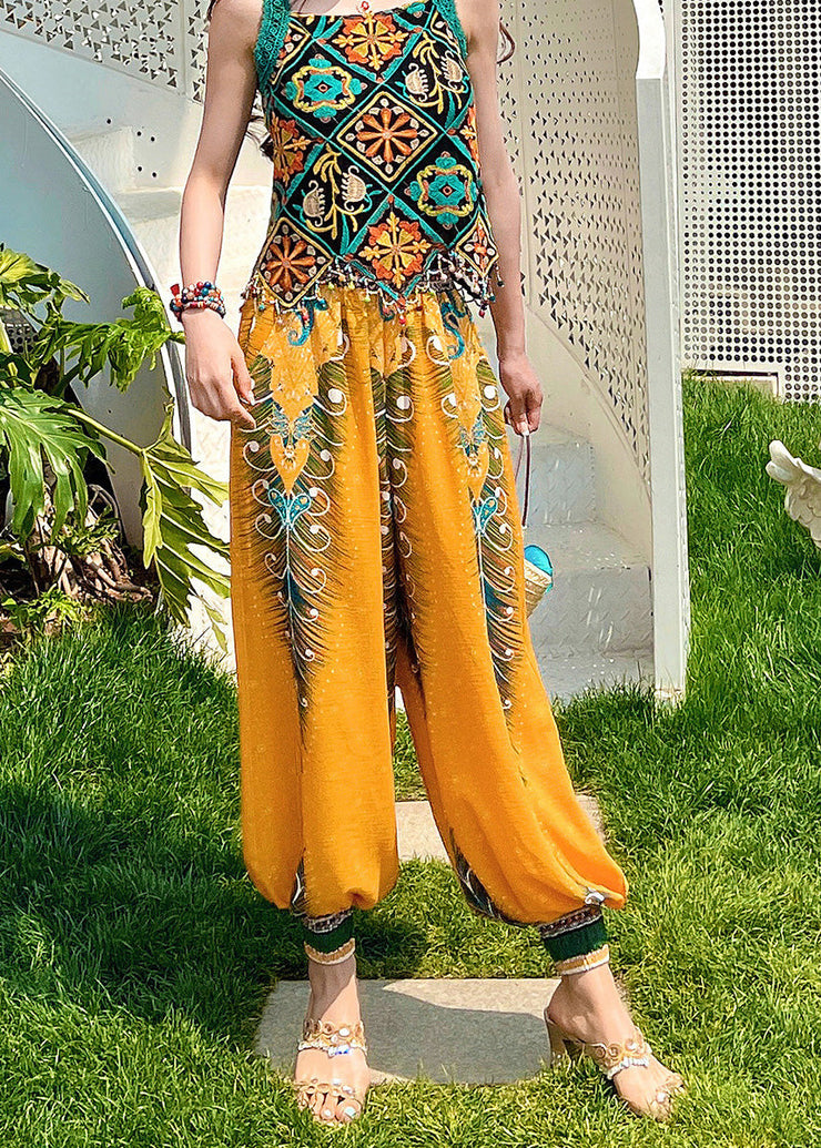 Women Yellow High Waist Print Lantern Pants Spring