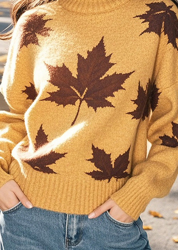 Women Yellow Hign Neck Thick Print Knit Sweaters Winter