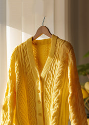 Women Yellow Hollow Out Button Solid Knit Cardigans Fall