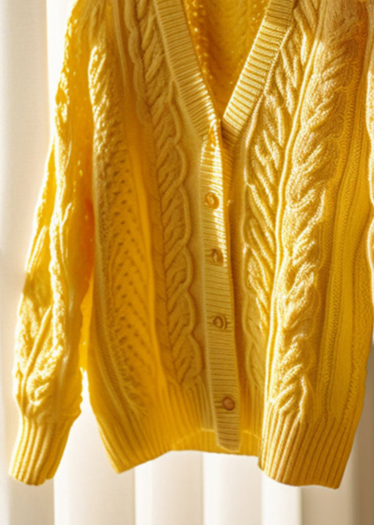 Women Yellow Hollow Out Button Solid Knit Cardigans Fall