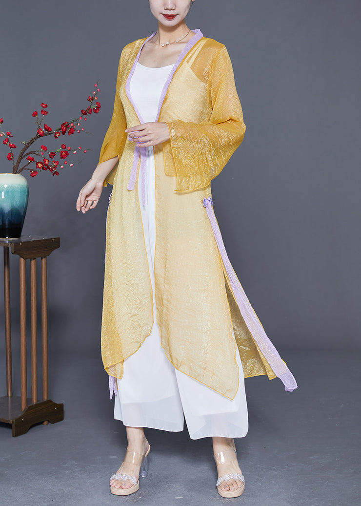 Women Yellow Lace Up Patchwork Chiffon UPF 50+ Cardigan Summer