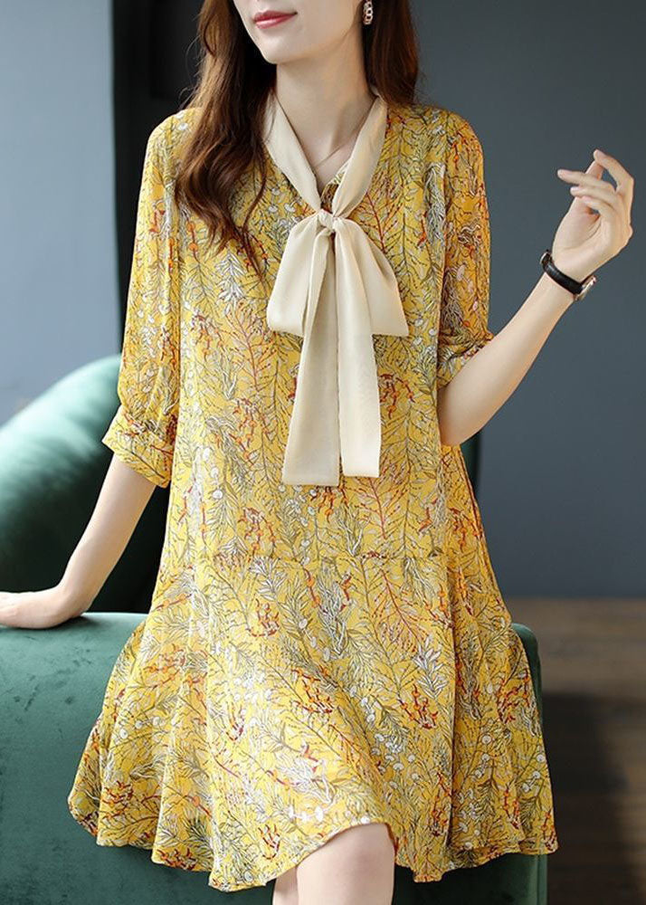 Women Yellow Lace Up Patchwork Print Chiffon Party Dress Summer