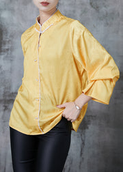 Women Yellow Mandarin Collar Jacquard Silk Shirt Tops Spring