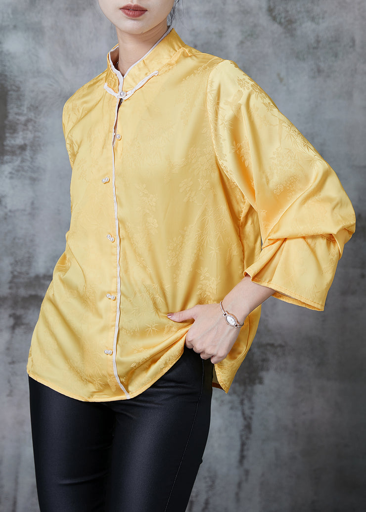 Women Yellow Mandarin Collar Jacquard Silk Shirt Tops Spring