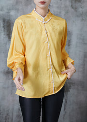 Women Yellow Mandarin Collar Jacquard Silk Shirt Tops Fall