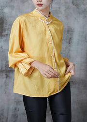 Women Yellow Mandarin Collar Jacquard Silk Shirt Tops Spring