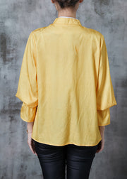 Women Yellow Mandarin Collar Jacquard Silk Shirt Tops Spring