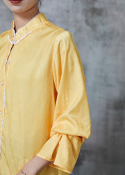 Women Yellow Mandarin Collar Jacquard Silk Shirt Tops Fall