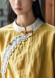Women Yellow Mandarin Collar Linen Shirt Top Summer