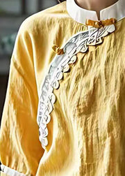 Women Yellow Mandarin Collar Linen Shirt Top Summer