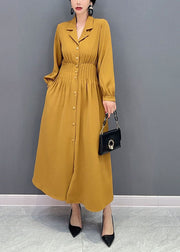 Women Yellow Notched Elastic Waist Wrinkled Spandex Long Dress Spring