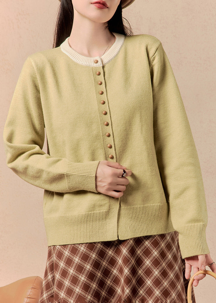 Women Yellow O Neck Button Knit Coats Winter