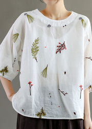 Women Yellow O-Neck Embroideried Patchwork Linen T Shirts Summer