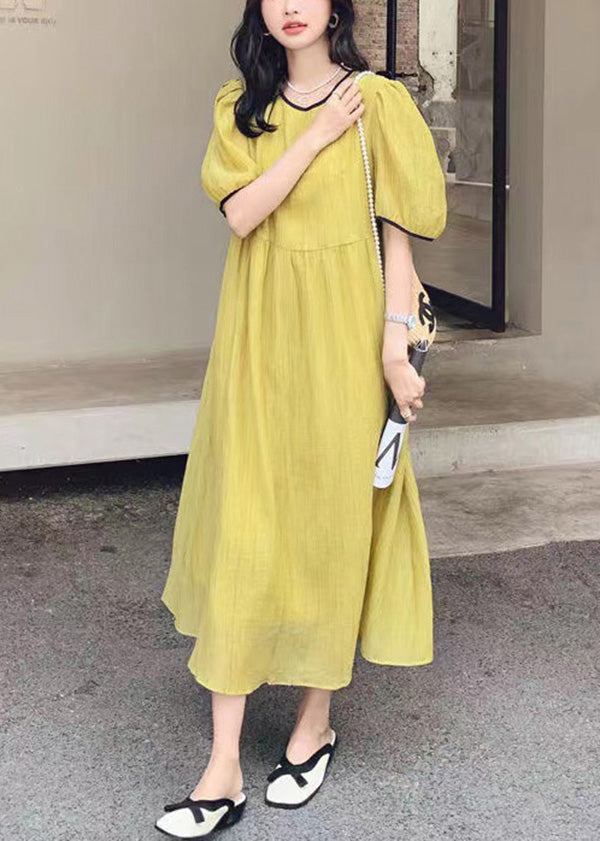 Women Yellow O Neck Patchwork Cotton Dress Summer