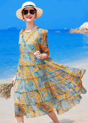 Women Yellow O-Neck Patchwork Print Silk Holiday Dress Short Sleeve