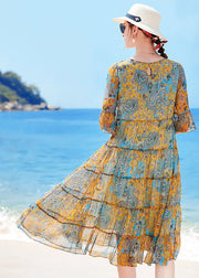 Women Yellow O-Neck Patchwork Print Silk Holiday Dress Short Sleeve