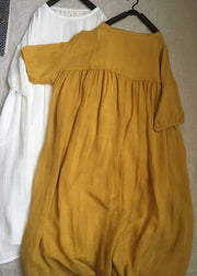 Women Yellow O-Neck Patchwork Wrinkled Long Dresses Short Sleeve
