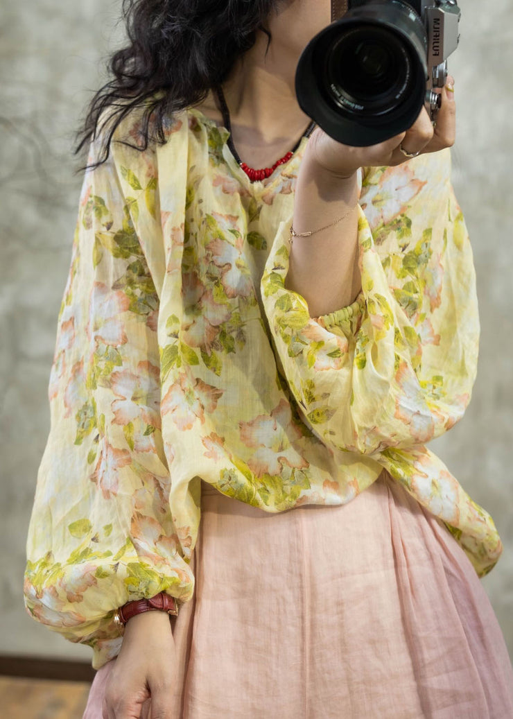 Women Yellow O Neck Print Linen Shirt Tops Lantern Sleeve