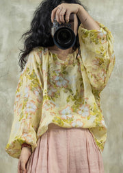 Women Yellow O Neck Print Linen Shirt Tops Lantern Sleeve