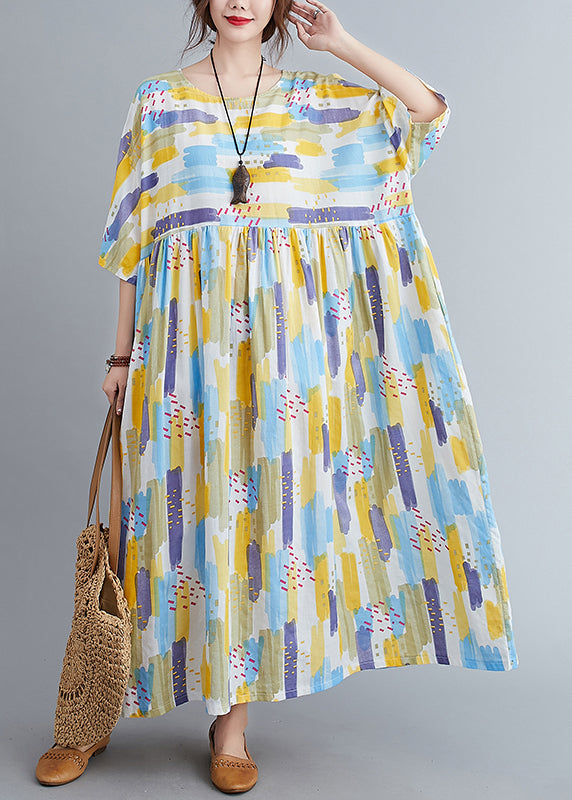 Women Yellow O-Neck Print Long Dress Spring