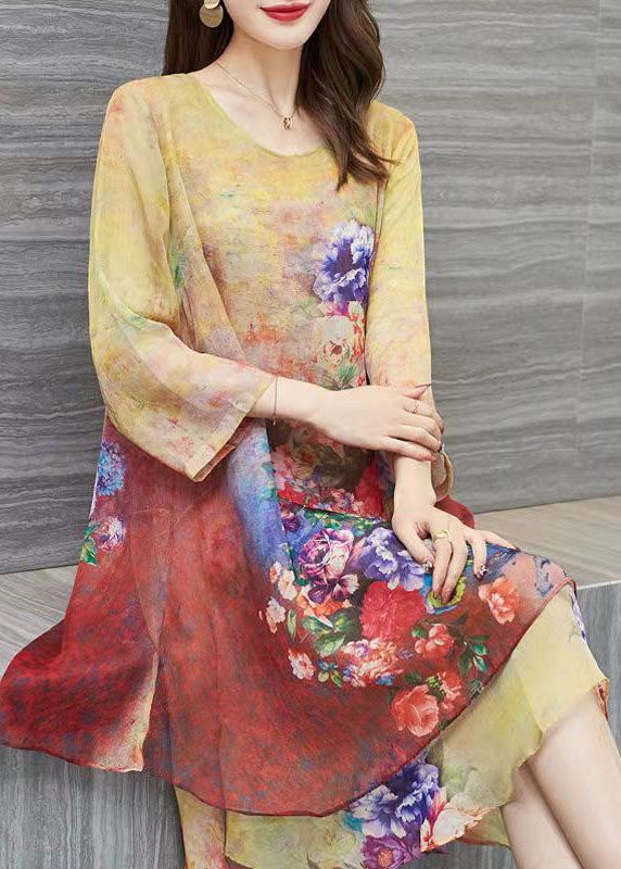 Women Yellow O Neck Print Patchwork Chiffon Dress Summer