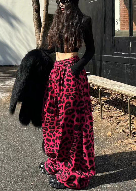 Women Yellow Oversized Leopard Print Warm Fleece Pants Spring