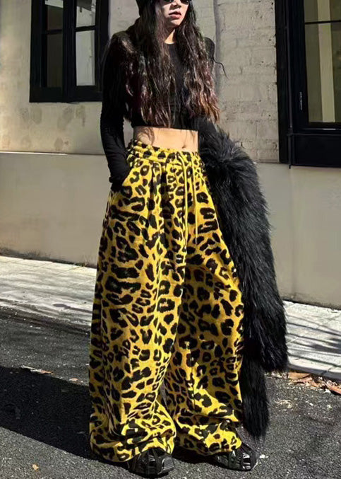 Women Yellow Oversized Leopard Print Warm Fleece Pants Spring