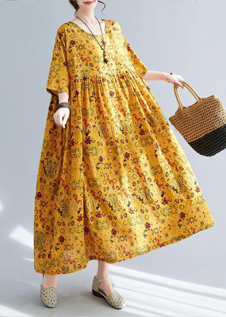 Women Yellow Oversized Print Linen Long Dress Summer