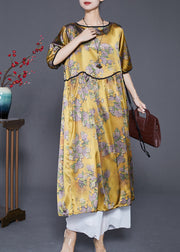 Women Yellow Oversized Print Silk Long Dresses Summer