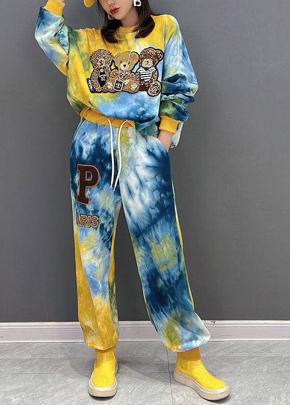 Women Yellow Oversized Tie Dye Bear Applique Cotton Two-Piece Set Fall