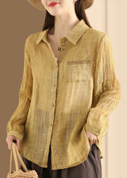 Women Yellow Peter Pan Collar Button Linen Blouses Long Sleeve
