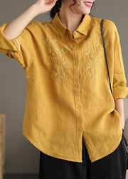 Women Yellow Peter Pan Collar Embroidered Button Cotton Blouse Spring