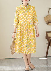 Women Yellow Peter Pan Collar Print Cotton Shirts Dresses Fall