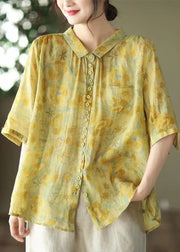 Women Yellow Peter Pan Collar Print Linen Shirt Tops Summer