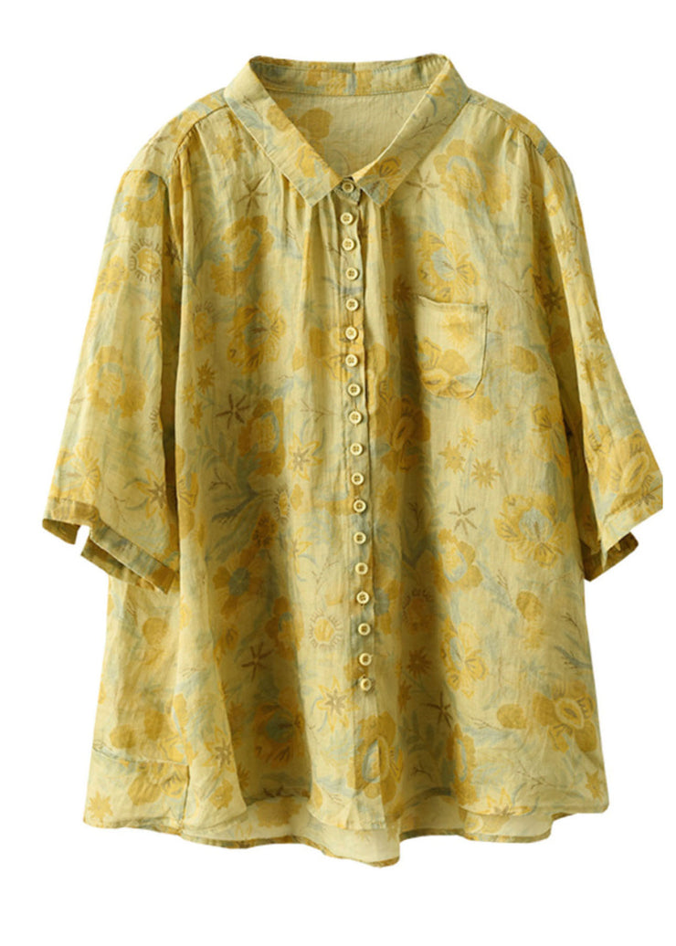 Women Yellow Peter Pan Collar Print Linen Shirt Tops Summer