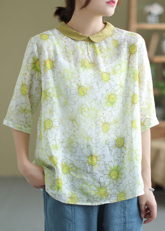 Women Yellow Peter Pan Collar Print Patchwork Linen Top Summer