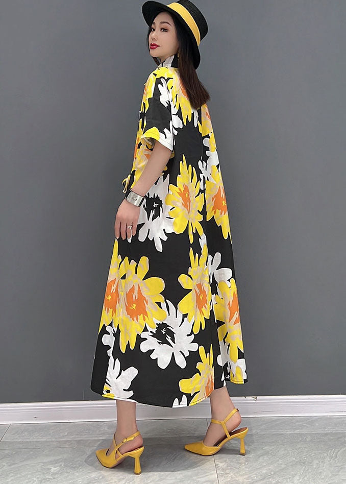 Women Yellow Peter Pan Collar Print Pockets Chiffon Maxi Dress Short Sleeve