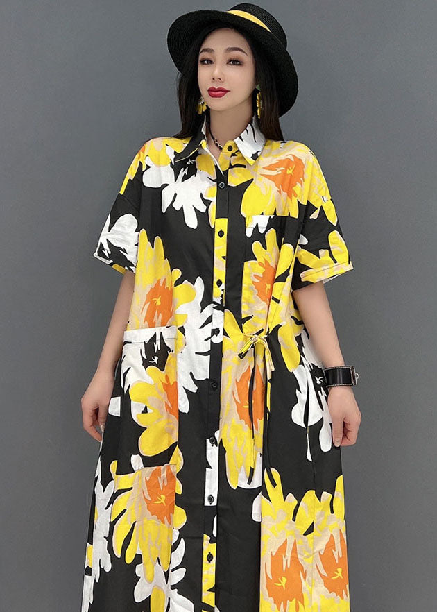 Women Yellow Peter Pan Collar Print Pockets Chiffon Maxi Dress Short Sleeve