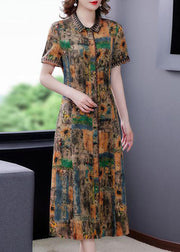 Women Yellow Peter Pan Collar Print Silk Dresses Summer