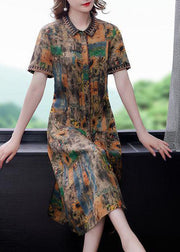 Women Yellow Peter Pan Collar Print Silk Dresses Summer