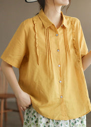 Women Yellow Peter Pan Collar Ruffled Patchwork Cotton Blouses Summer