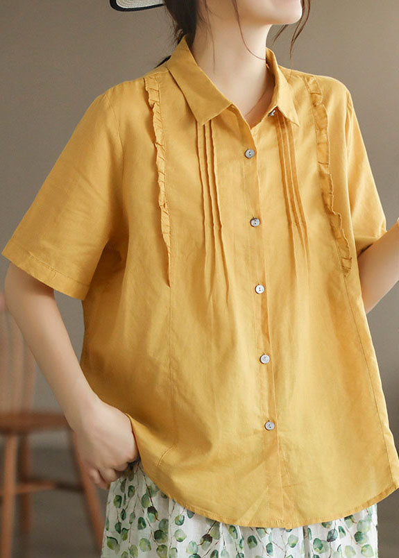 Women Yellow Peter Pan Collar Ruffled Patchwork Cotton Blouses Summer