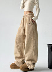 Women Yellow Pockets Drawstring Faux Fur Thick Trousers Spring