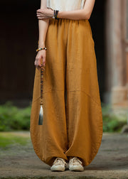 Women Yellow Pockets Elastic Waist Linen Pants Fall