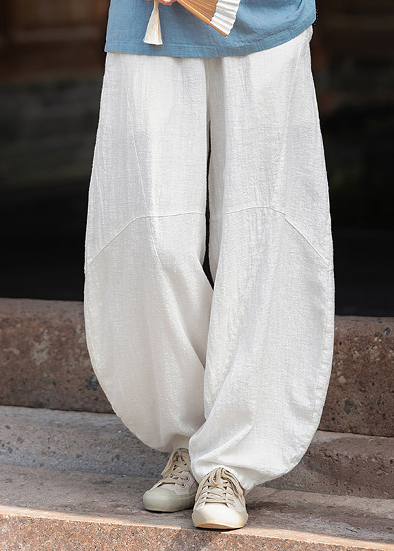 Women Yellow Pockets Elastic Waist Linen Pants Spring