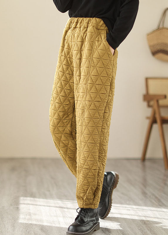 Women Yellow Pockets Plaid Patchwork Fleece Pants Winter