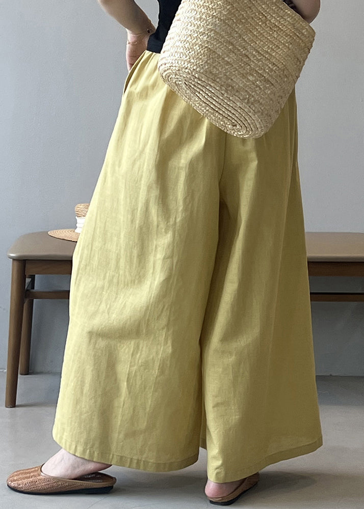 Women Yellow Pockets Solid Cotton Wide Leg Pants Summer